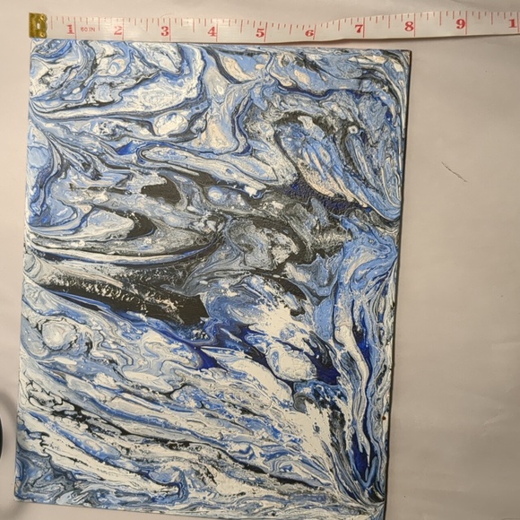 One of a kind, signed paint pour picture. Dark blue, lt blue, white, black. 8x10 - Picture 6 of 6